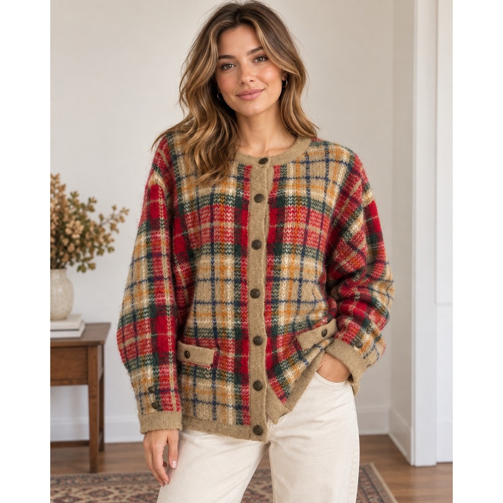Cape Isle Knitters Mohair Blend Plaid Cardigan Sweater Red Tan Large